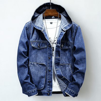 Hooded denim jacket with long sleeves, button front and utility pockets