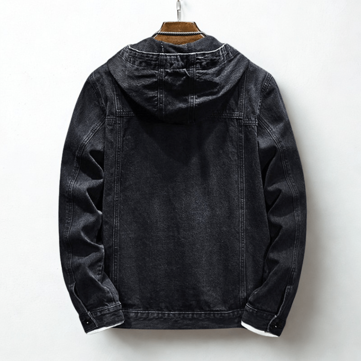Hooded denim jacket with long sleeves, button front and utility pockets