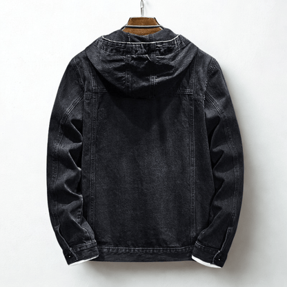 Hooded denim jacket with long sleeves, button front and utility pockets