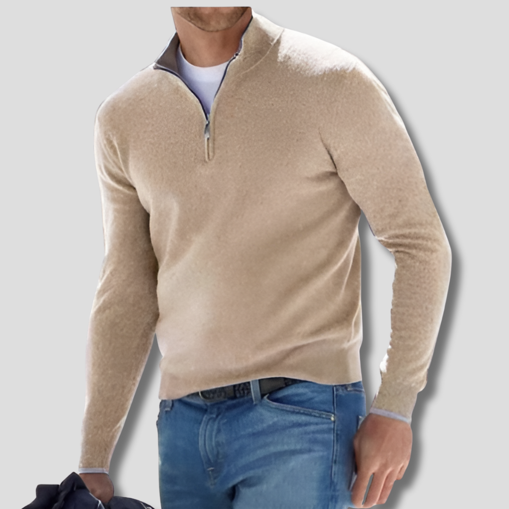 Men's long-sleeve quarter-zip knitted jumper with raised stand collar