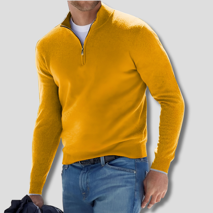 Men's long-sleeve quarter-zip knitted jumper with raised stand collar