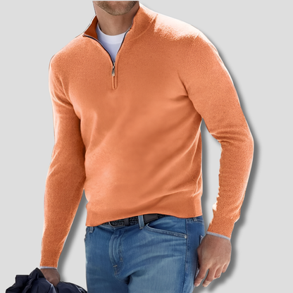 Men's long-sleeve quarter-zip knitted jumper with raised stand collar