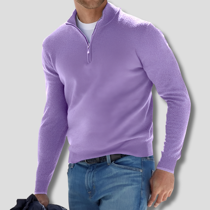 Men's long-sleeve quarter-zip knitted jumper with raised stand collar