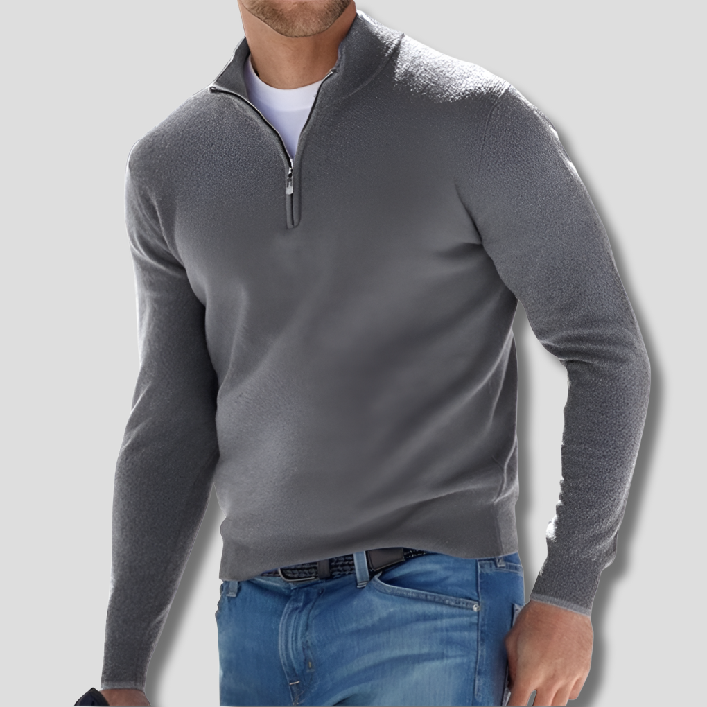 Men's long-sleeve quarter-zip knitted jumper with raised stand collar