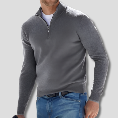 Men's long-sleeve quarter-zip knitted jumper with raised stand collar