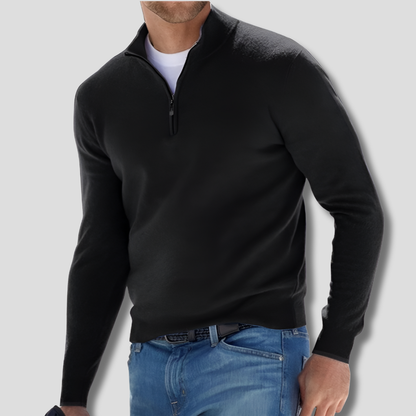 Men's long-sleeve quarter-zip knitted jumper with raised stand collar