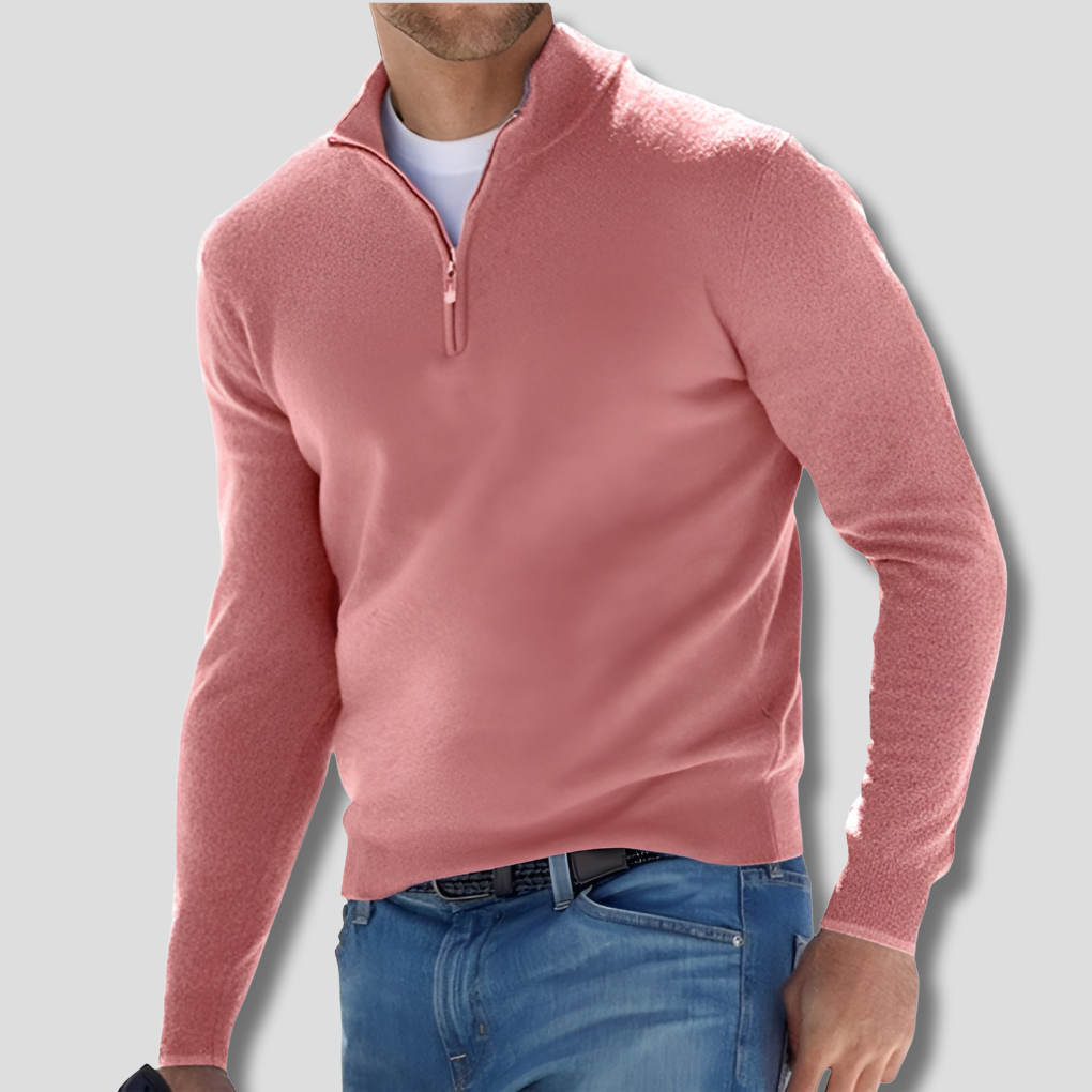 Men's long-sleeve quarter-zip knitted jumper with raised stand collar