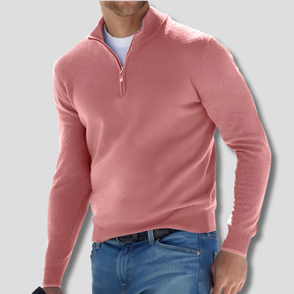 Men's long-sleeve quarter-zip knitted jumper with raised stand collar