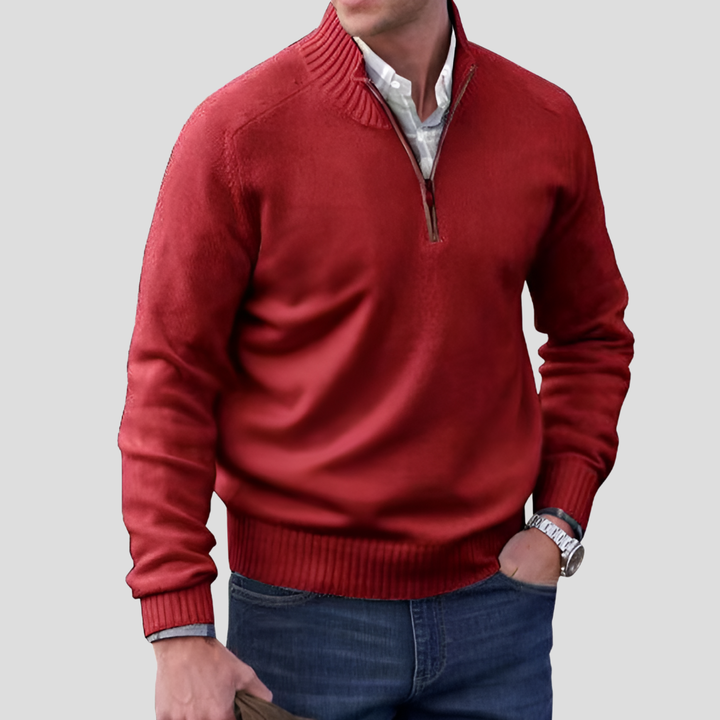 Men's long-sleeve quarter-zip knitted jumper with raised stand collar