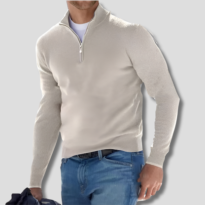 Men's long-sleeve quarter-zip knitted jumper with raised stand collar