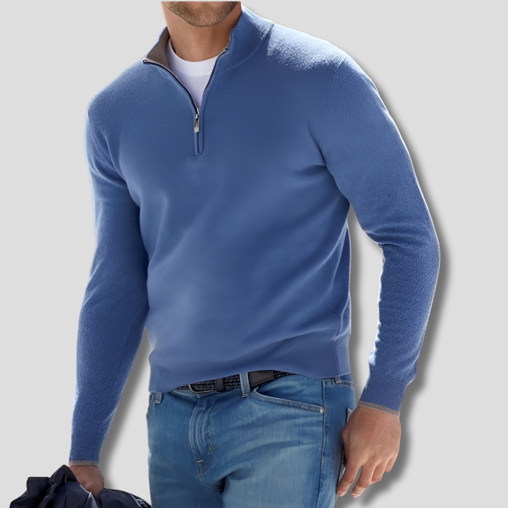 Men's long-sleeve quarter-zip knitted jumper with raised stand collar