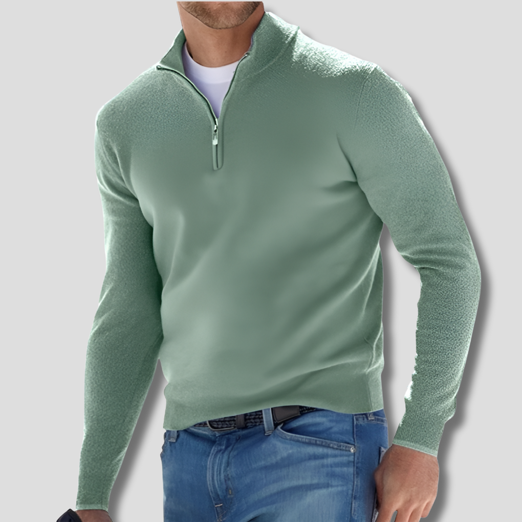 Men's long-sleeve quarter-zip knitted jumper with raised stand collar
