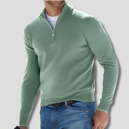 Men's long-sleeve quarter-zip knitted jumper with raised stand collar