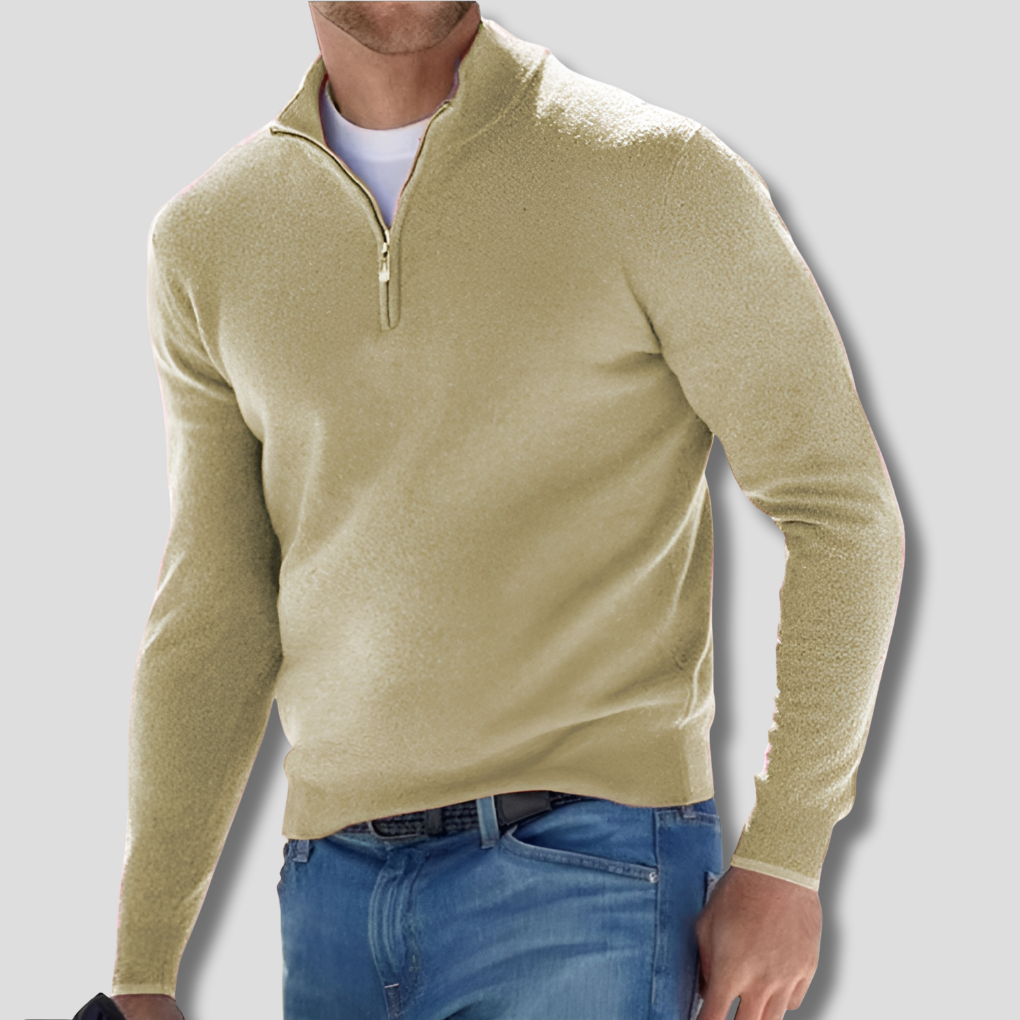 Men's long-sleeve quarter-zip knitted jumper with raised stand collar