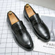 Men's penny loafers with front strap and almond toes