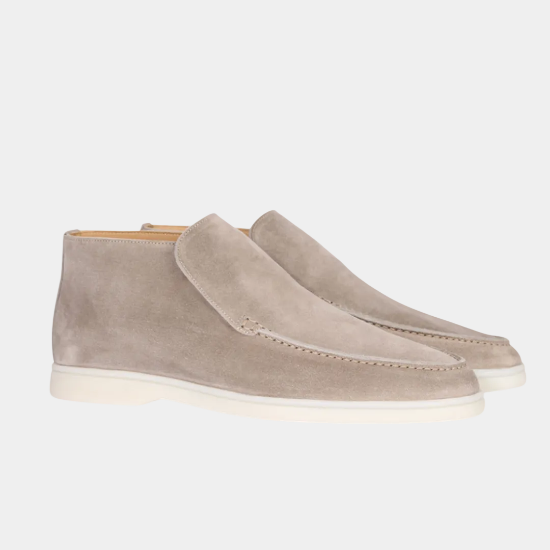 Men's high-top moccasin loafers with slip-on design and flat pale soles