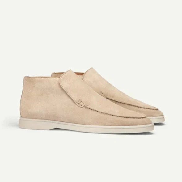 Men's high-top moccasin loafers with slip-on design and flat pale soles