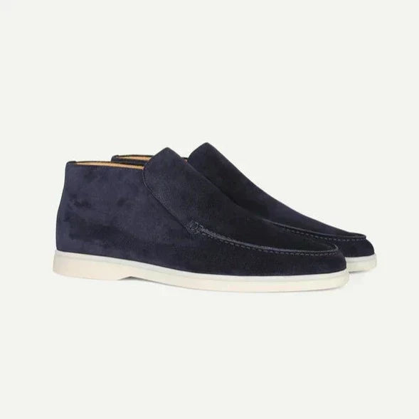 Men's high-top moccasin loafers with slip-on design and flat pale soles