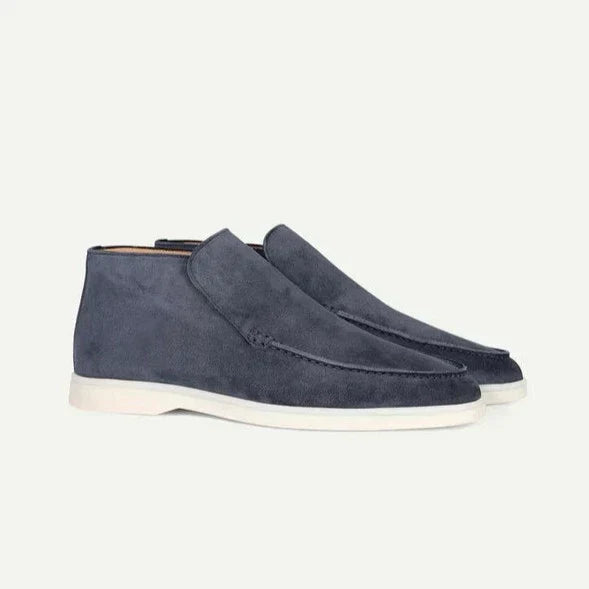 Men's high-top moccasin loafers with slip-on design and flat pale soles