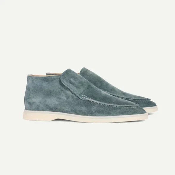 Men's high-top moccasin loafers with slip-on design and flat pale soles