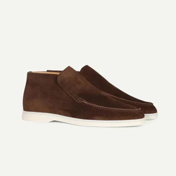 Men's high-top moccasin loafers with slip-on design and flat pale soles
