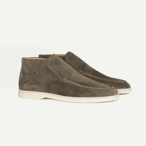Men's high-top moccasin loafers with slip-on design and flat pale soles
