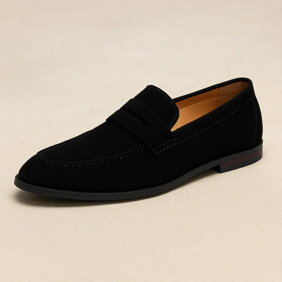 Men's penny loafers with rounded moc toe and low flat sole