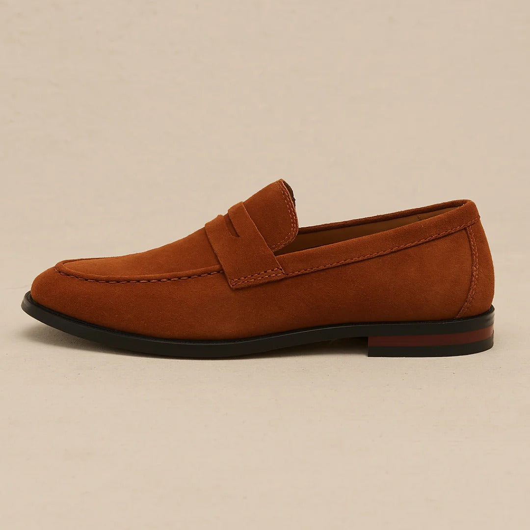 Men's penny loafers with rounded moc toe and low flat sole