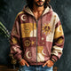 Men's multicoloured patchwork hoodie with celestial sun, moon, star and peace motifs