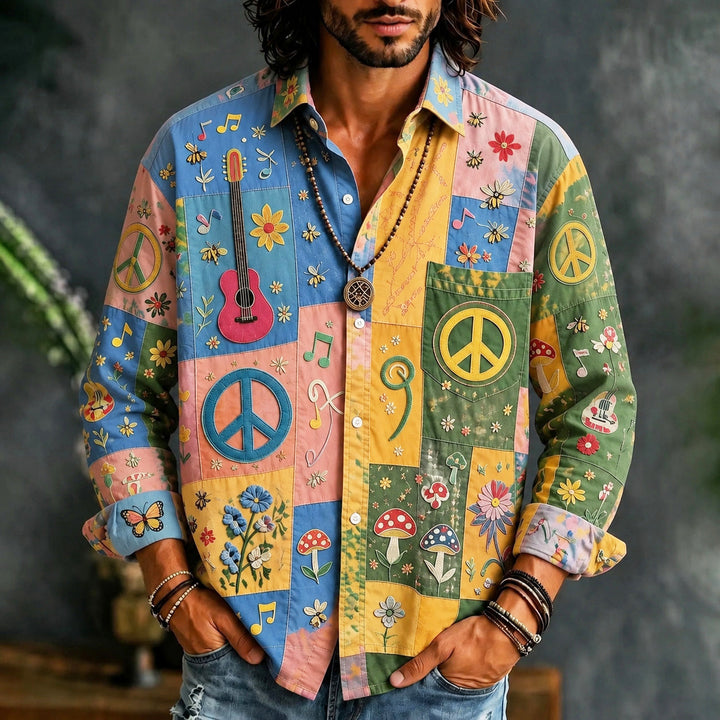 Men's colourful patchwork shirt with peace signs, guitars and floral motifs