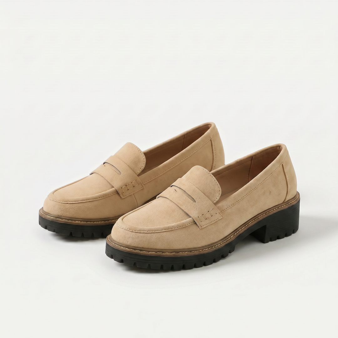 Unisex penny loafers with moc toe and chunky lug sole