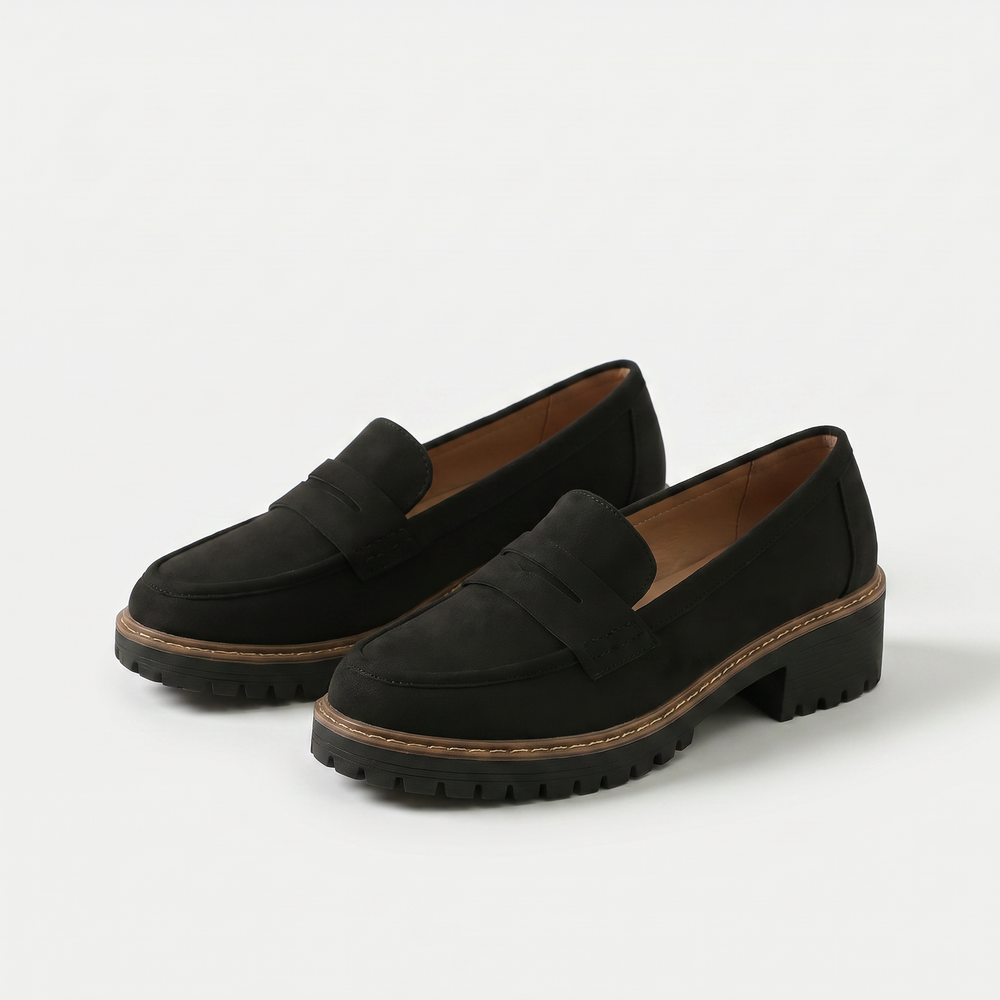 Unisex penny loafers with moc toe and chunky lug sole