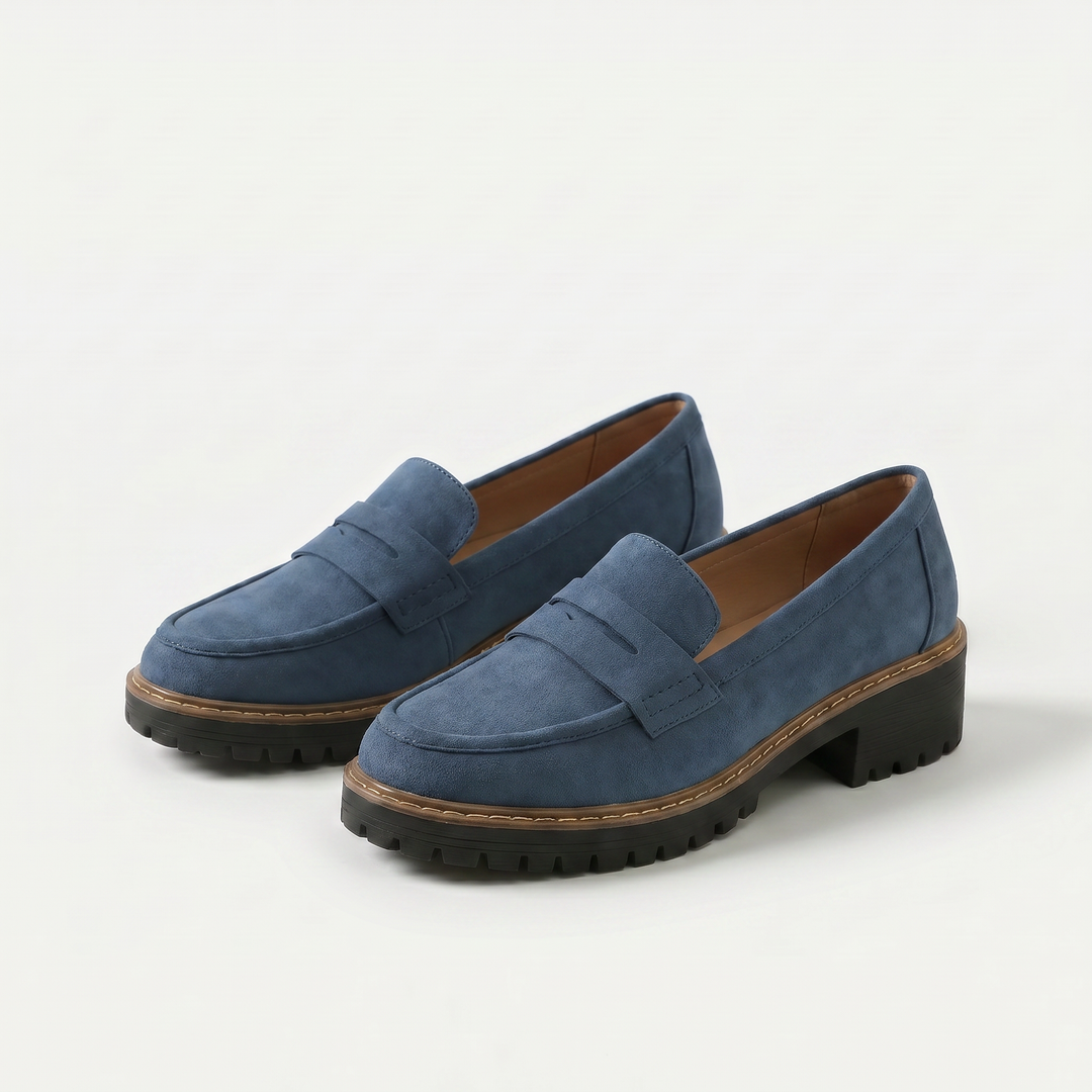 Unisex penny loafers with moc toe and chunky lug sole