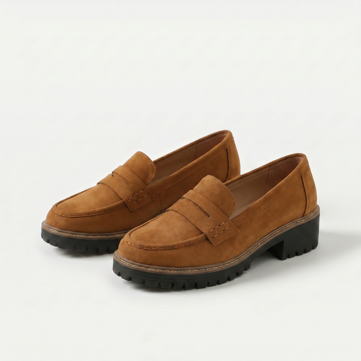 Unisex penny loafers with moc toe and chunky lug sole