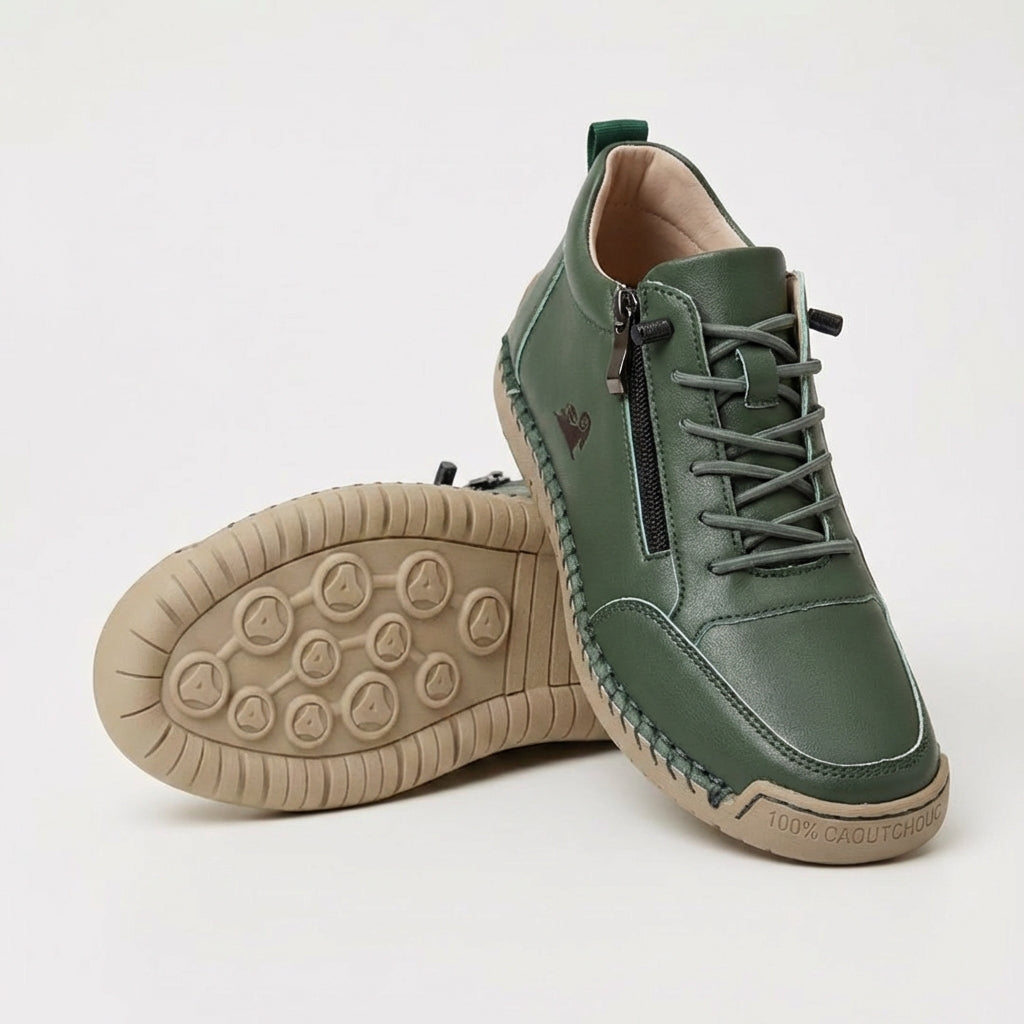 Lace-up ankle sneaker with side zip, shown in tan and pink colorways with padded collar