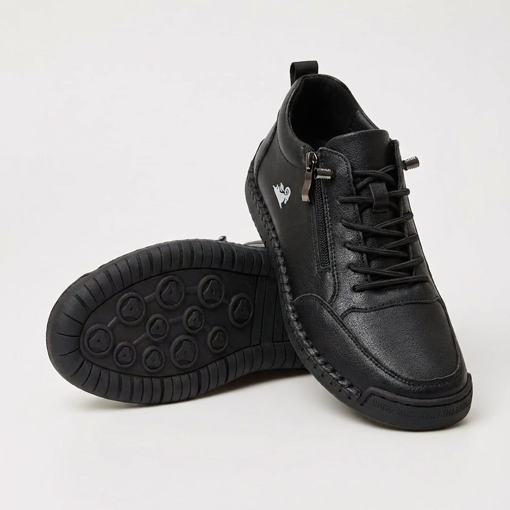Lace-up ankle sneaker with side zip, shown in tan and pink colorways with padded collar