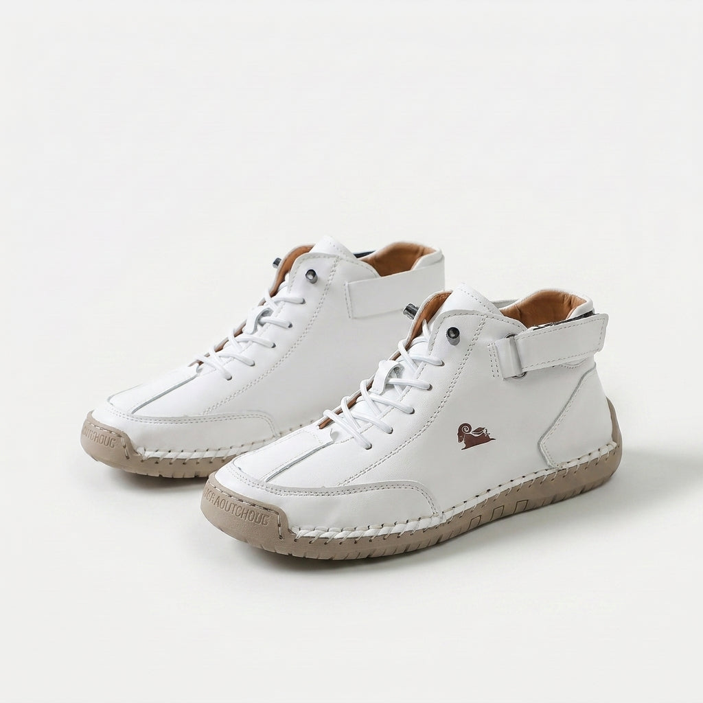 Ankle high lace-up sneakers with stitched panels, ankle strap and contrast sole