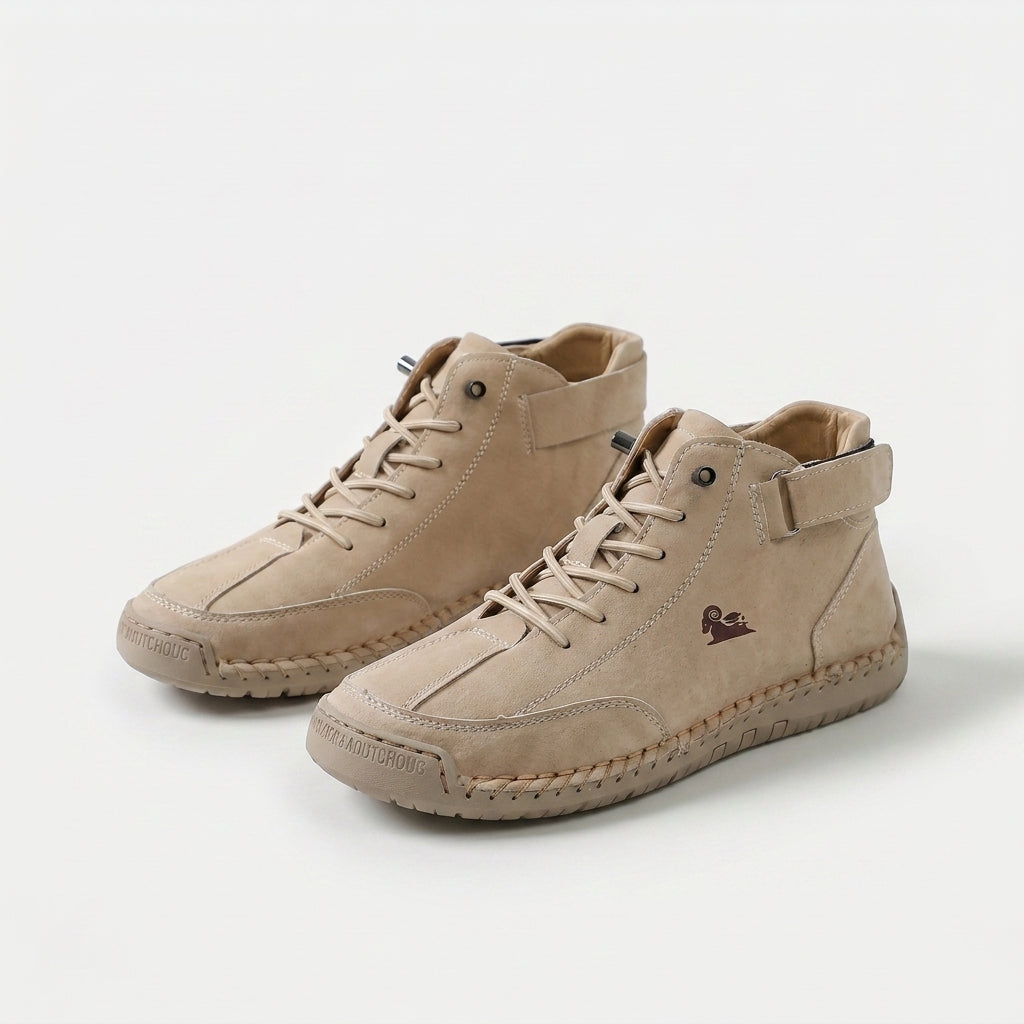 Ankle high lace-up sneakers with stitched panels, ankle strap and contrast sole