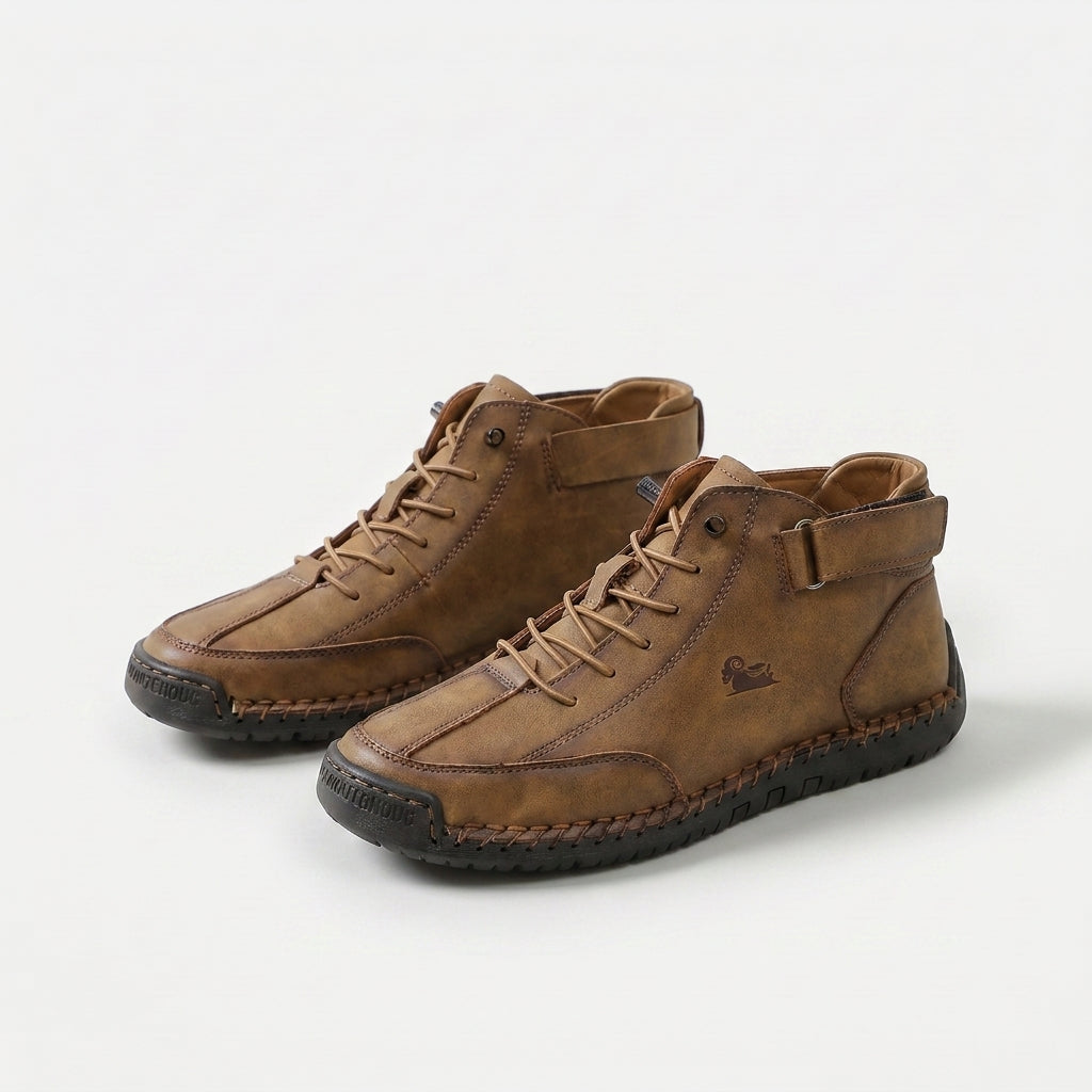 Ankle high lace-up sneakers with stitched panels, ankle strap and contrast sole