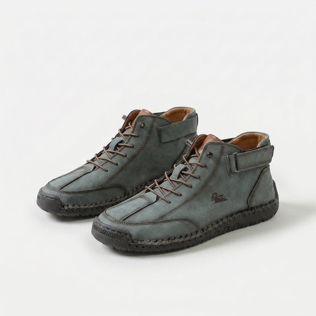 Ankle high lace-up sneakers with stitched panels, ankle strap and contrast sole