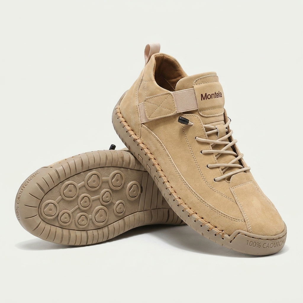 High-top lace-up sneakers with elastic ankle straps and textured flat soles