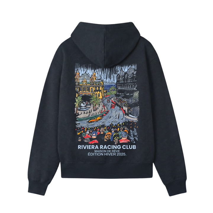 Graphic Riviera Racing Club hoodie with illustrated racing scene on the back