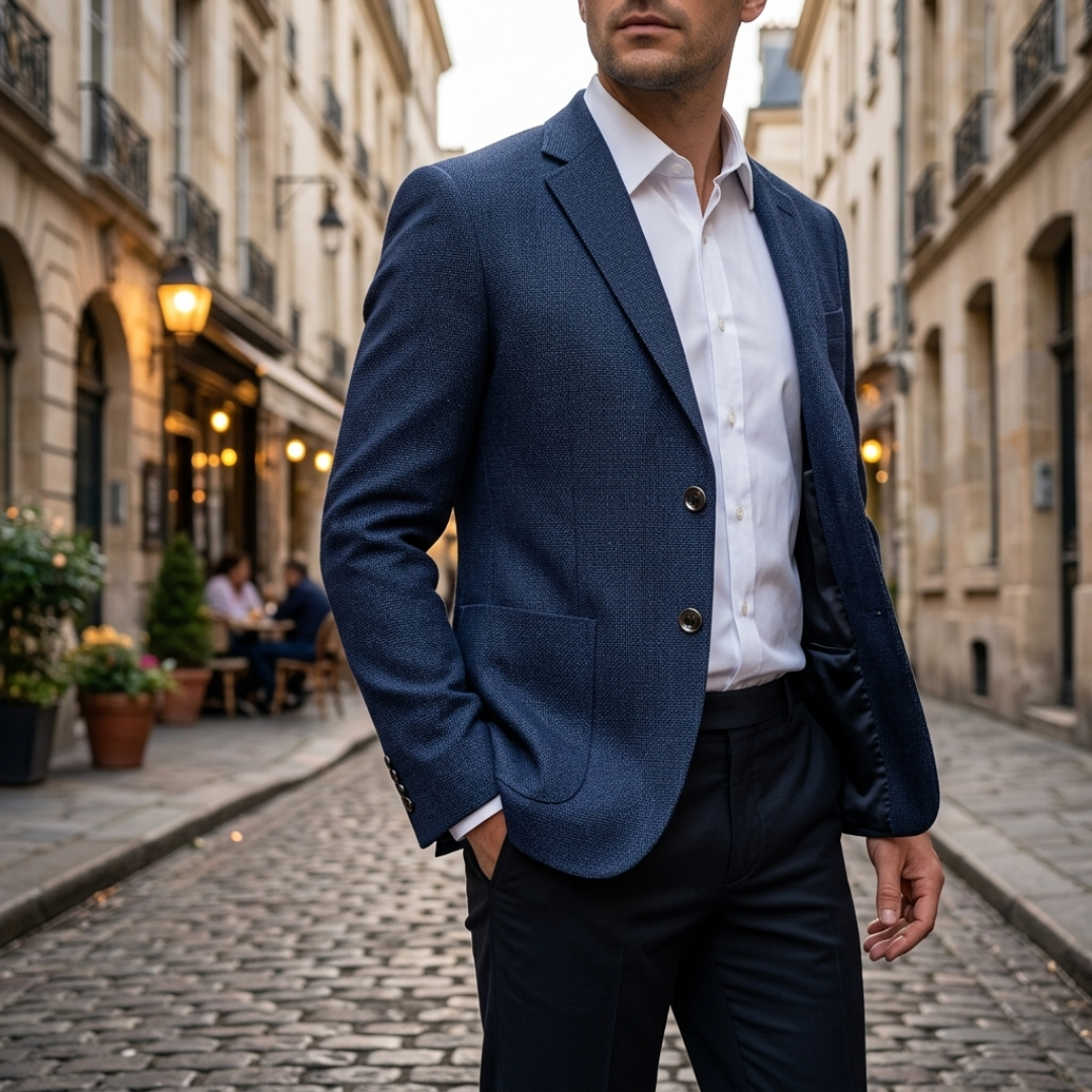 Men's slim fit textured blazer with notch lapels, long sleeves and front buttons