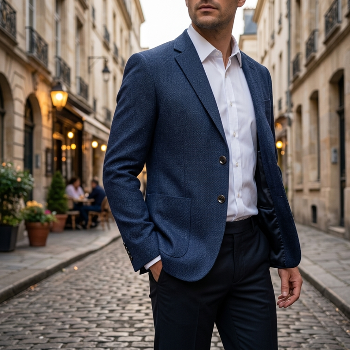 Men's slim fit textured blazer with notch lapels, long sleeves and front buttons