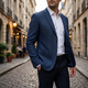 Men's slim fit textured blazer with notch lapels, long sleeves and front buttons