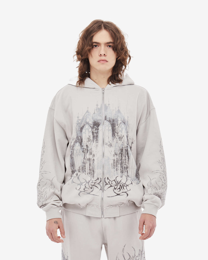 Grey men's zip hoodie with hooded neckline and long sleeves