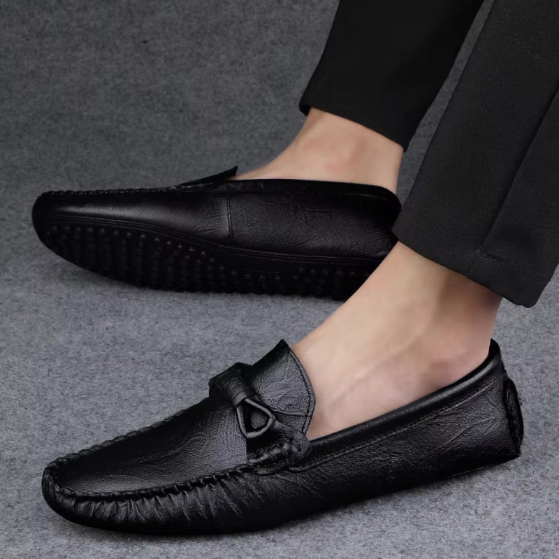 Unisex moccasin loafers with stitched toes and decorative knot detailing