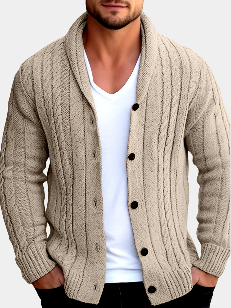 Men's textured cable knit cardigan with shawl collar and button front