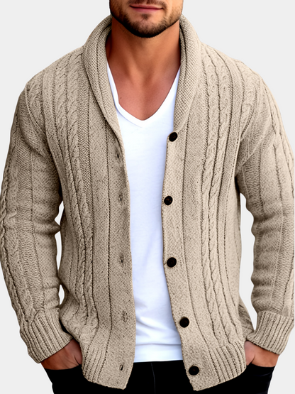 Men's textured cable knit cardigan with shawl collar and button front