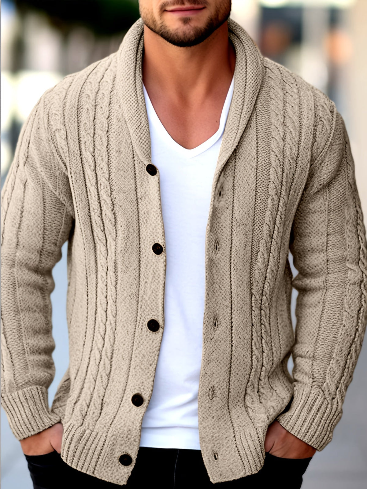 Men's textured cable knit cardigan with shawl collar and button front